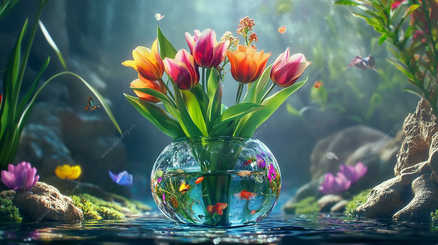 梦幻郁金香与金鱼水景图