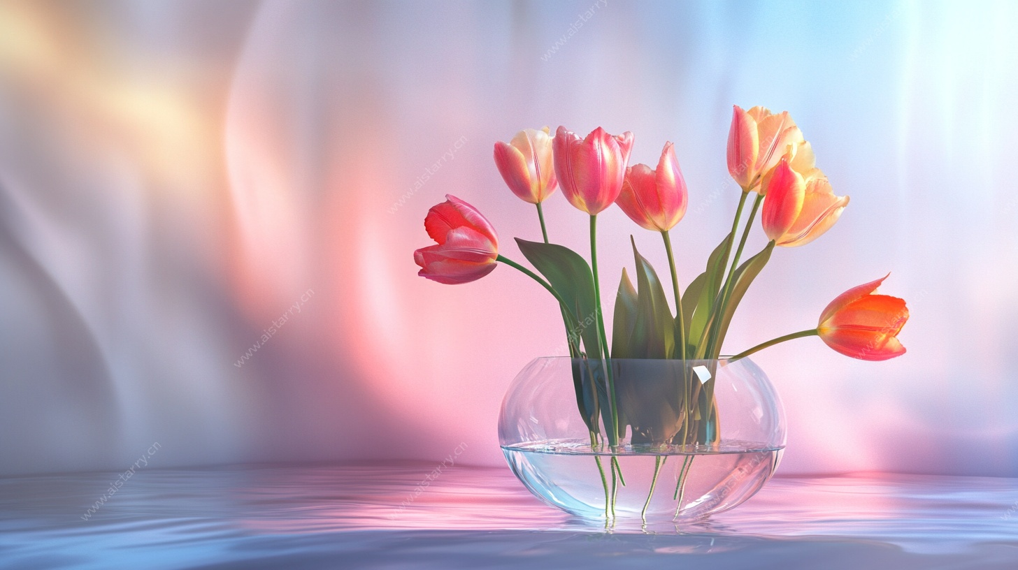 多彩郁金香玻璃花瓶静物