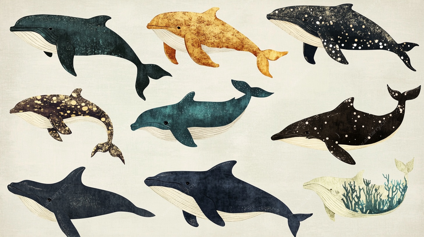 手绘多彩鲸鱼海洋插画