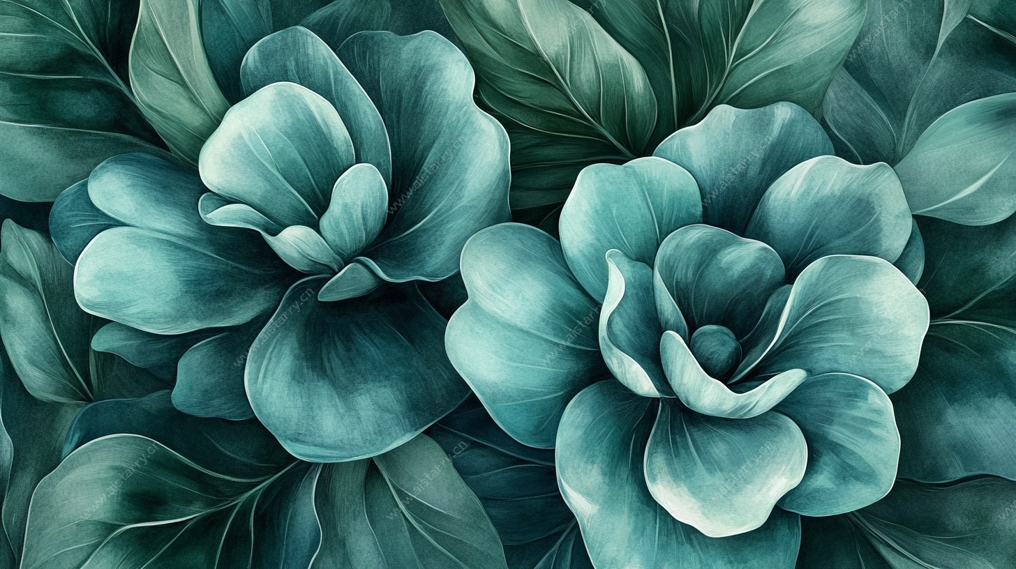 蓝绿色系花卉植物插画