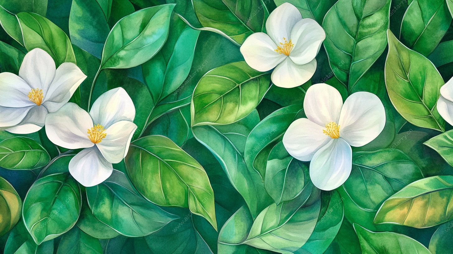 清新白茉莉绿叶插画
