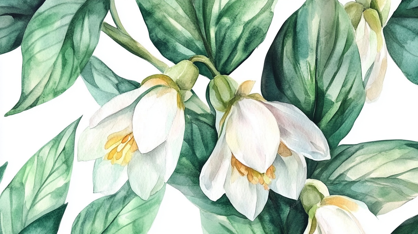 水彩白花卉绿叶图案