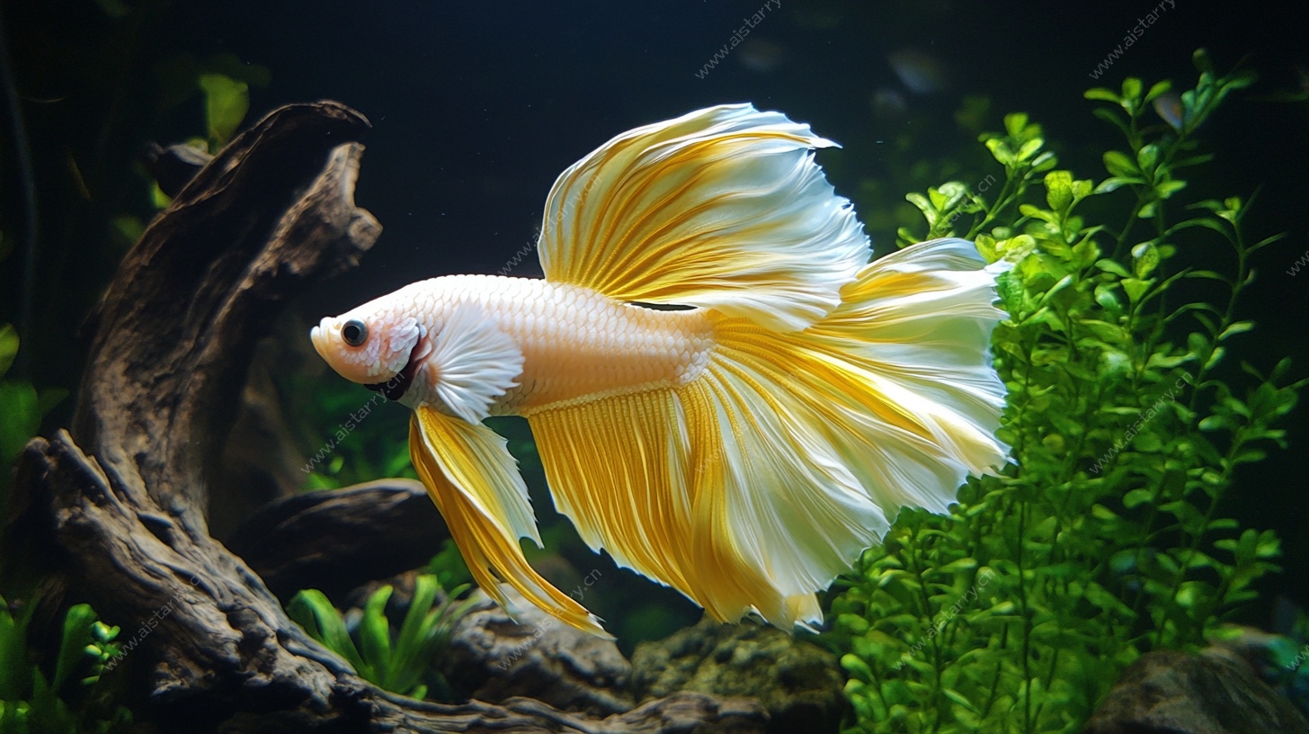 金黄飘逸的斗鱼在水中畅游