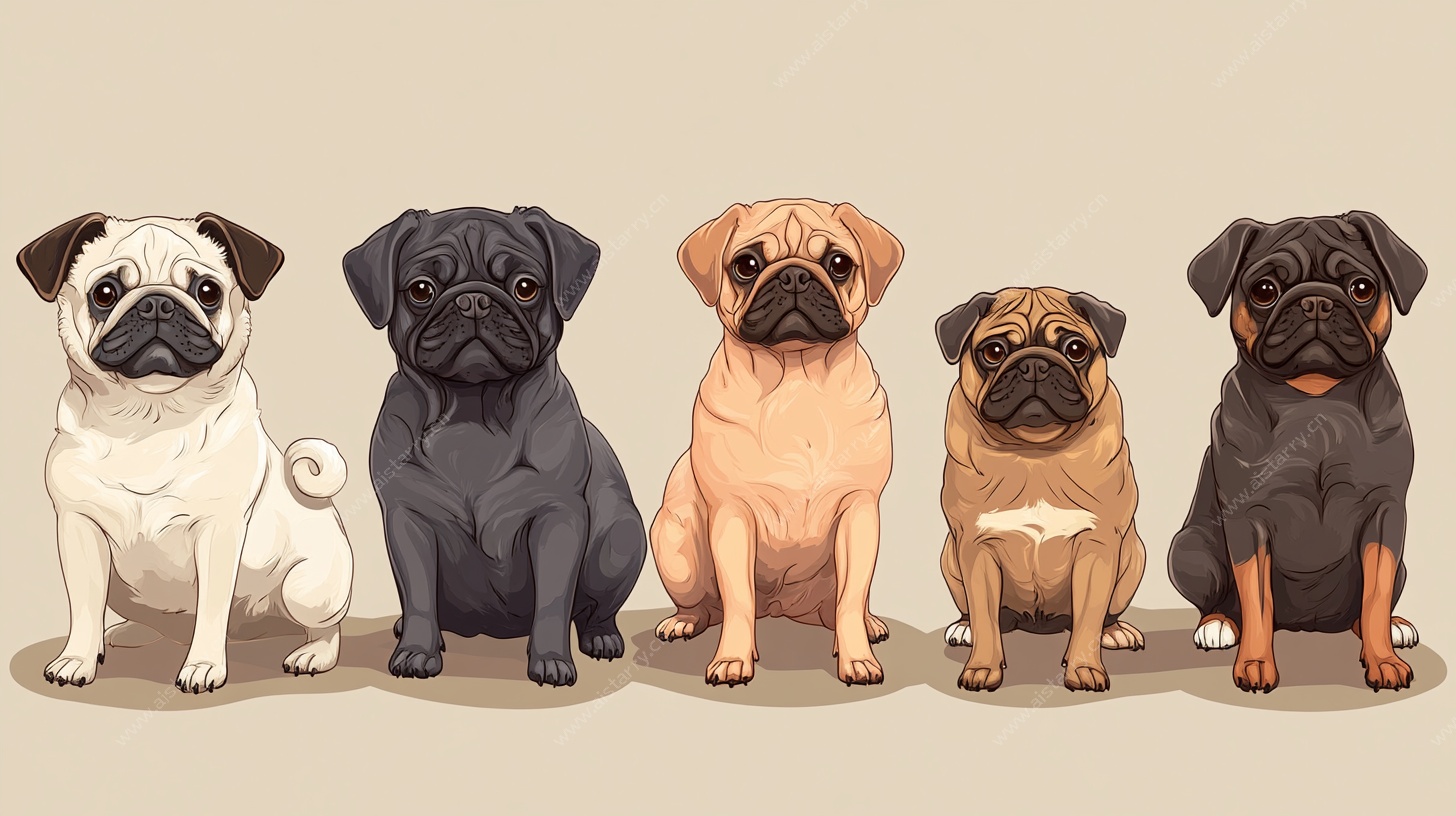 五只可爱八哥犬插画