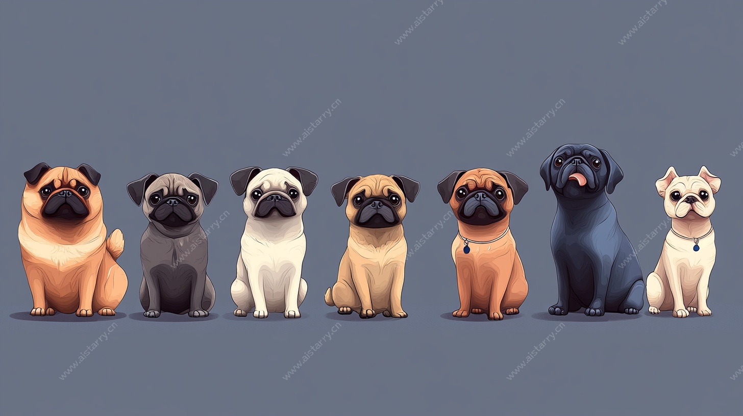 一排可爱哈巴狗插画