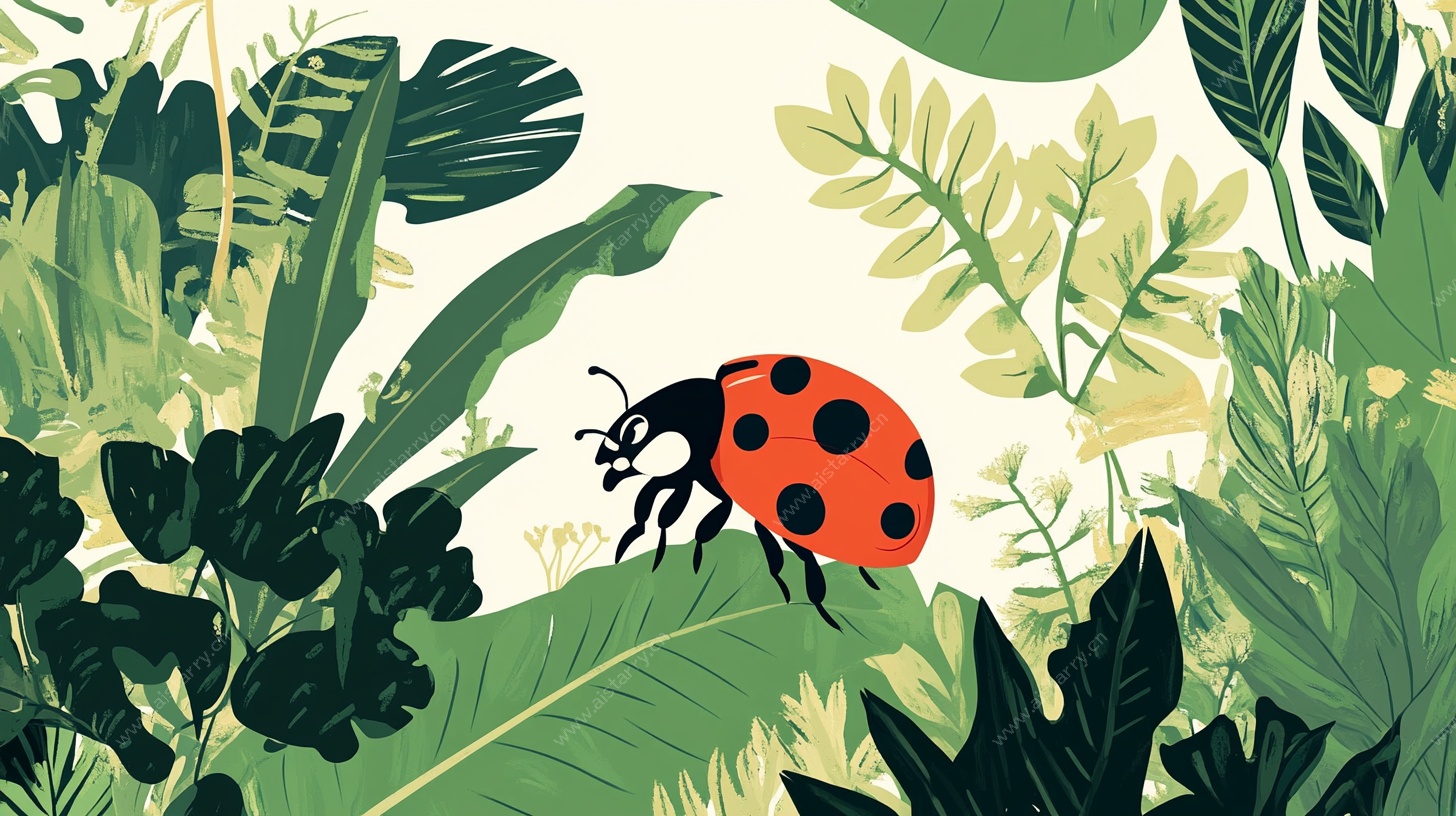 瓢虫漫步于绿植间