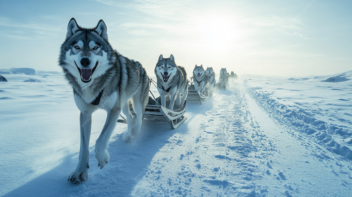 雪野上的哈士奇雪橇队