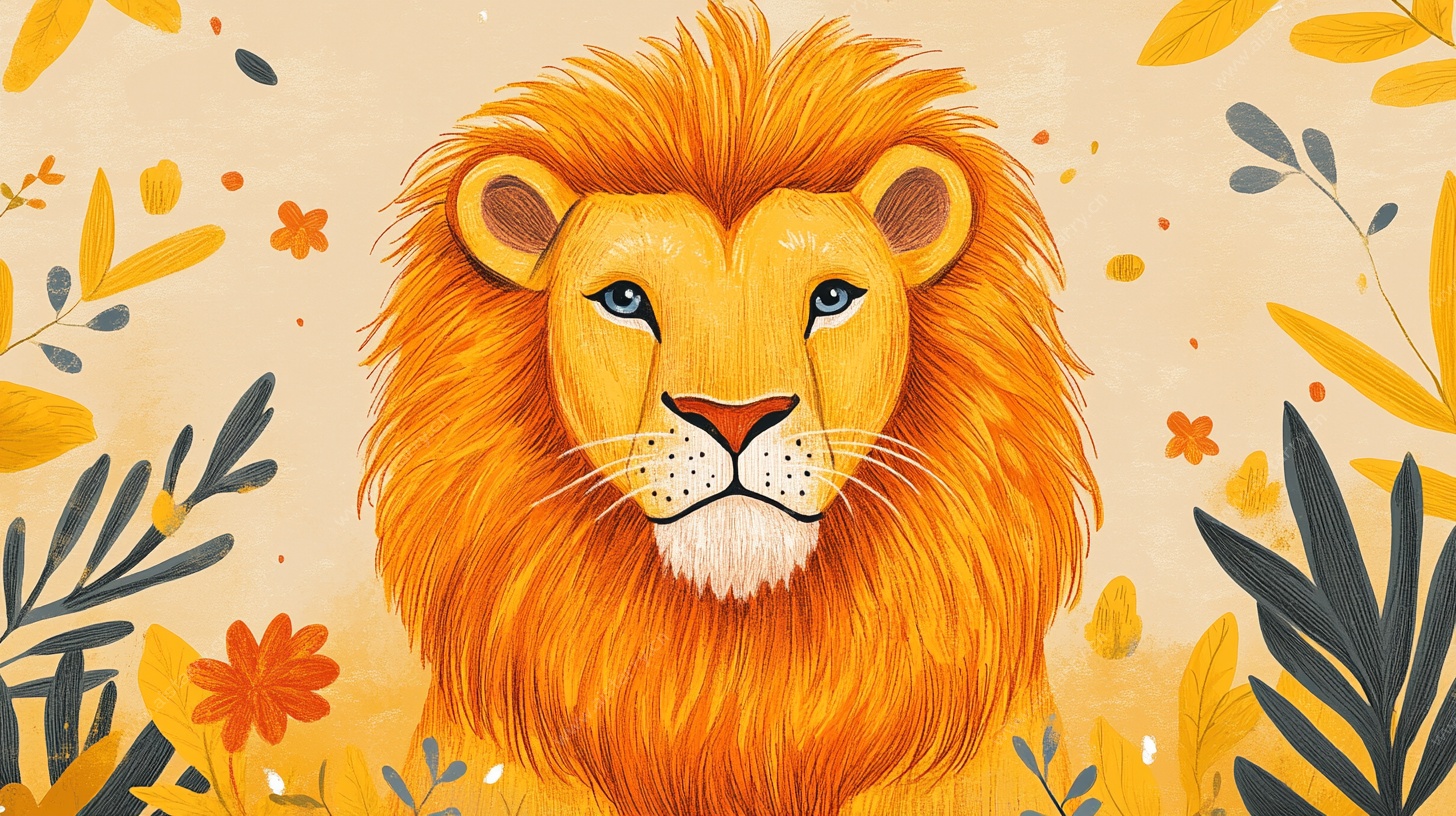 可爱狮子与花卉插画