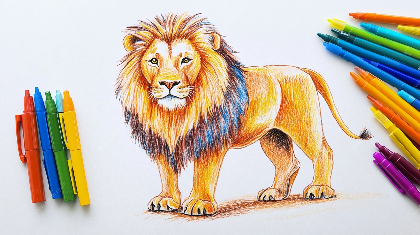 彩色铅笔绘制的雄狮图