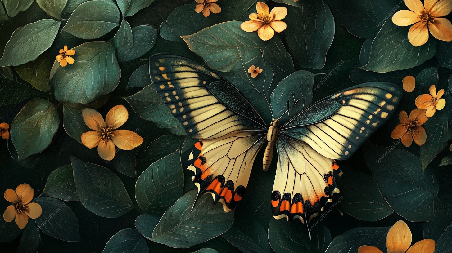 蝴蝶栖于繁花绿叶间