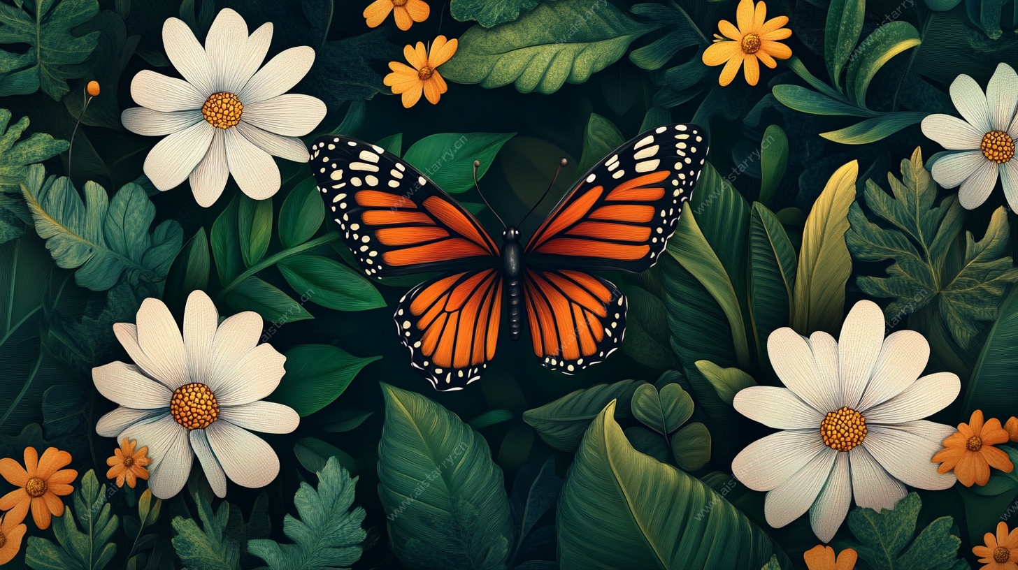 蝴蝶栖于繁花绿叶间