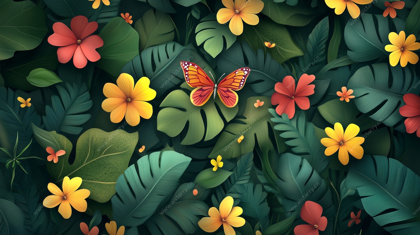 花丛中的蝴蝶奇幻插画