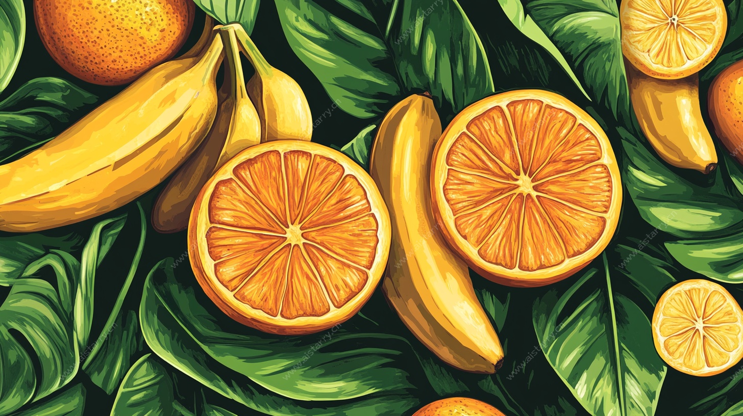 柑橘与香蕉的缤纷插画
