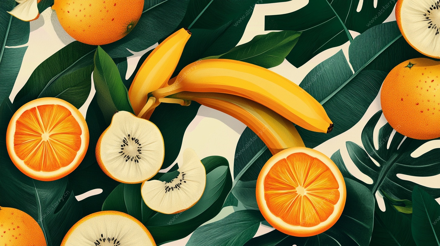 热带水果与绿叶插画