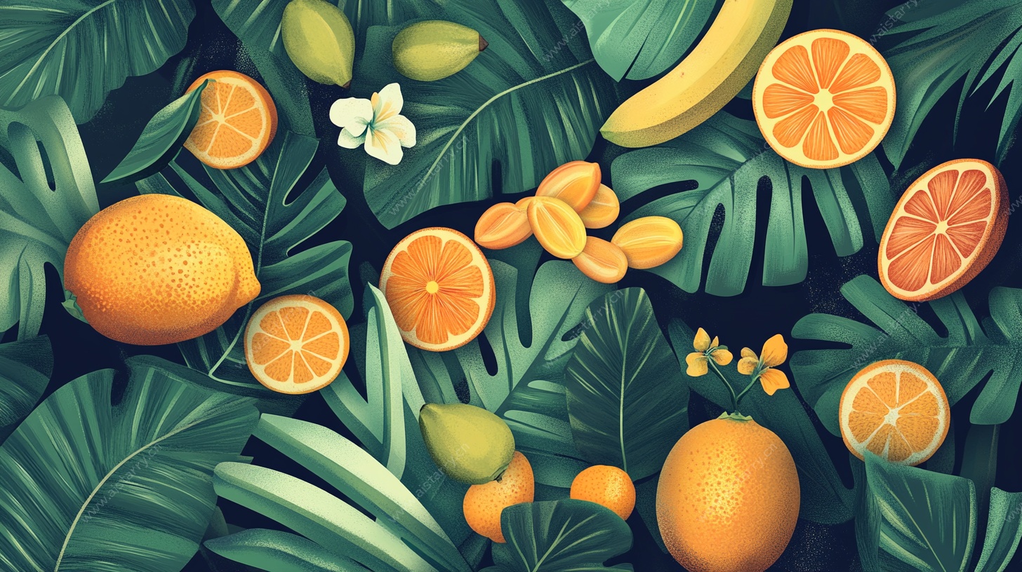 热带水果与绿植插画