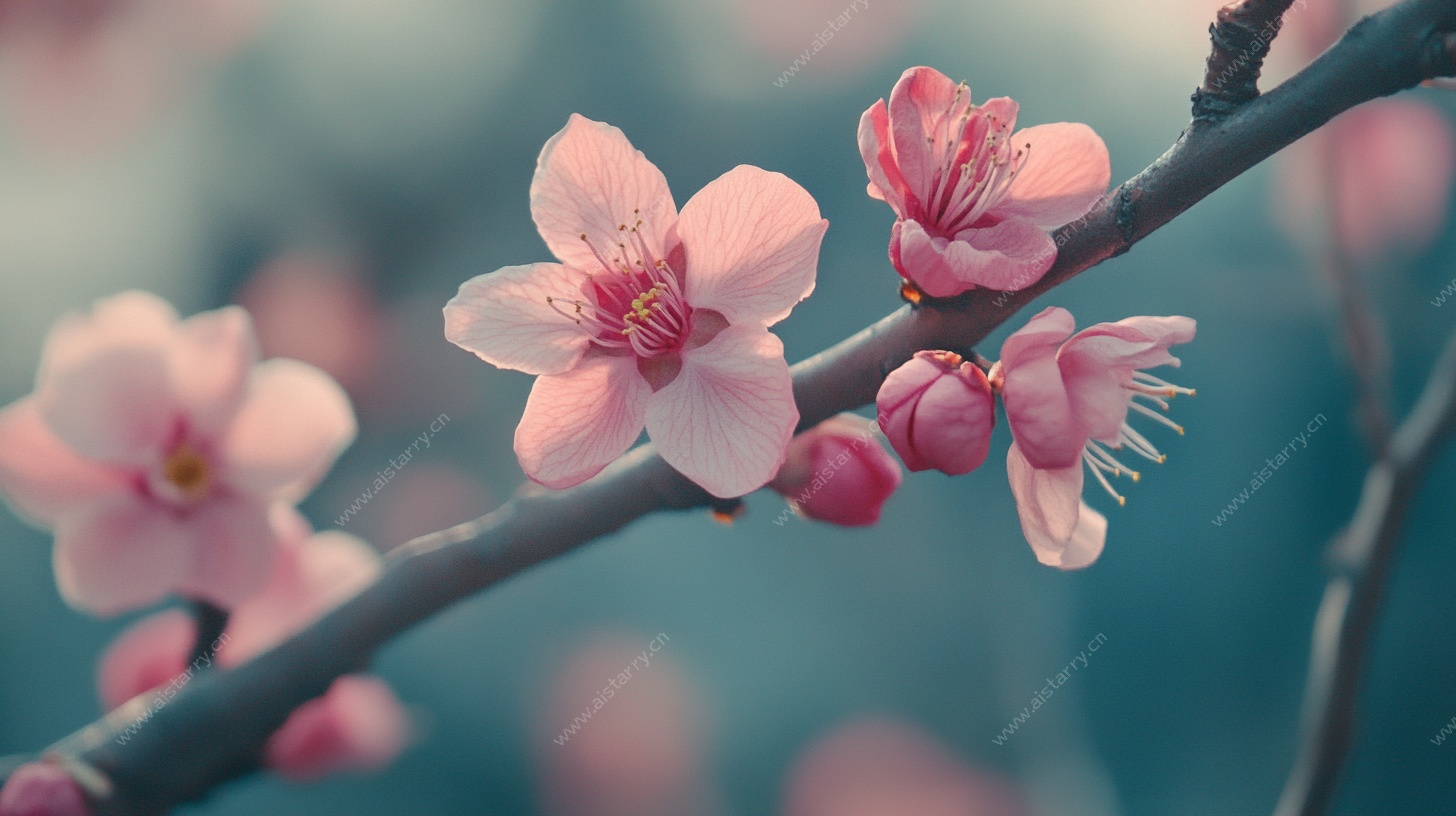 枝头粉嫩桃花绽放