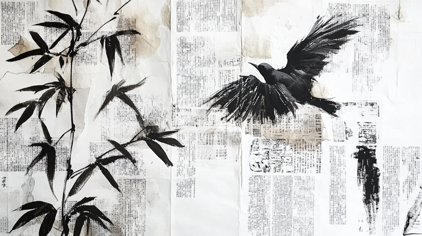水墨飞鸟翠竹艺术画作