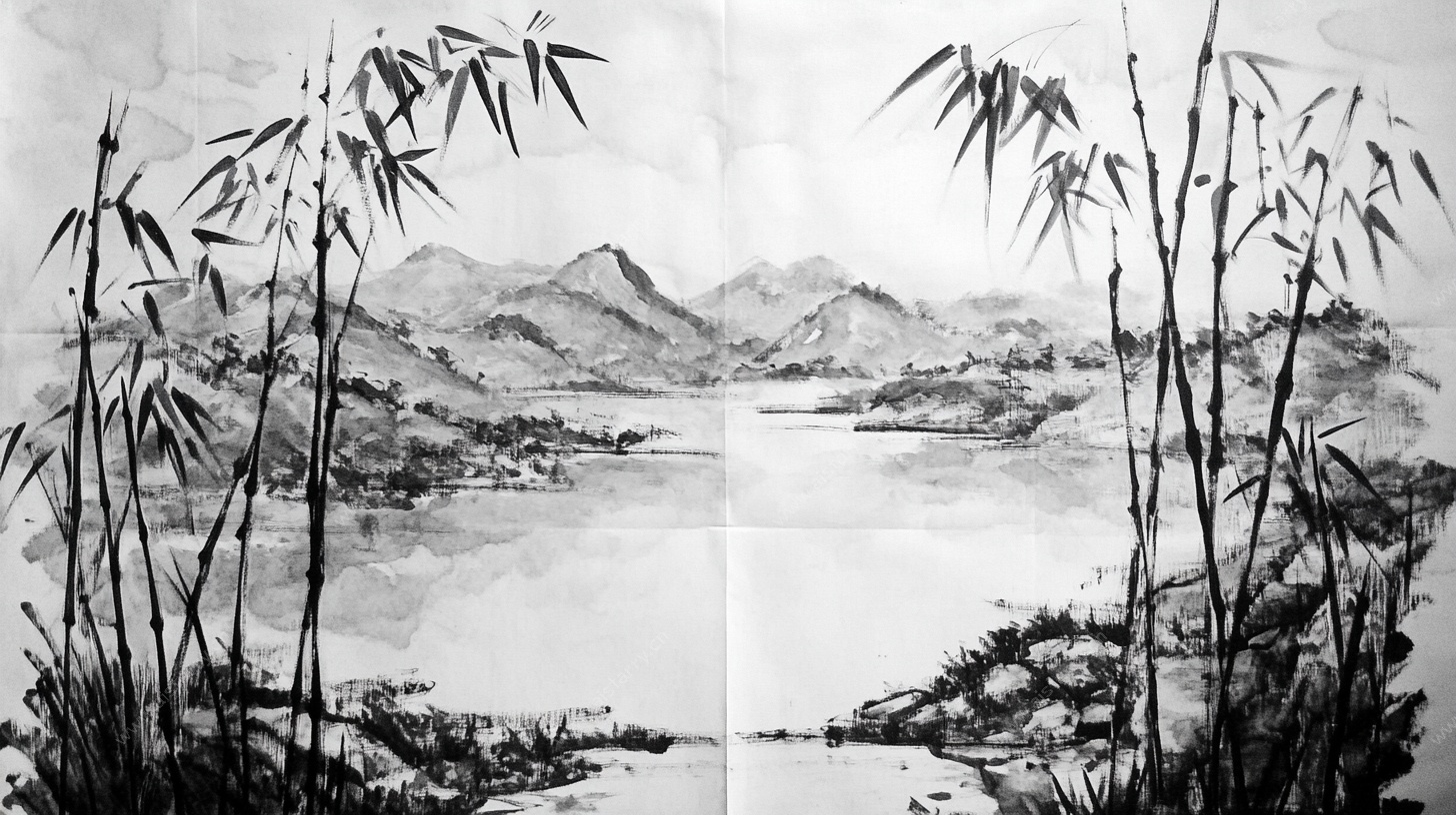 水墨竹林山水图