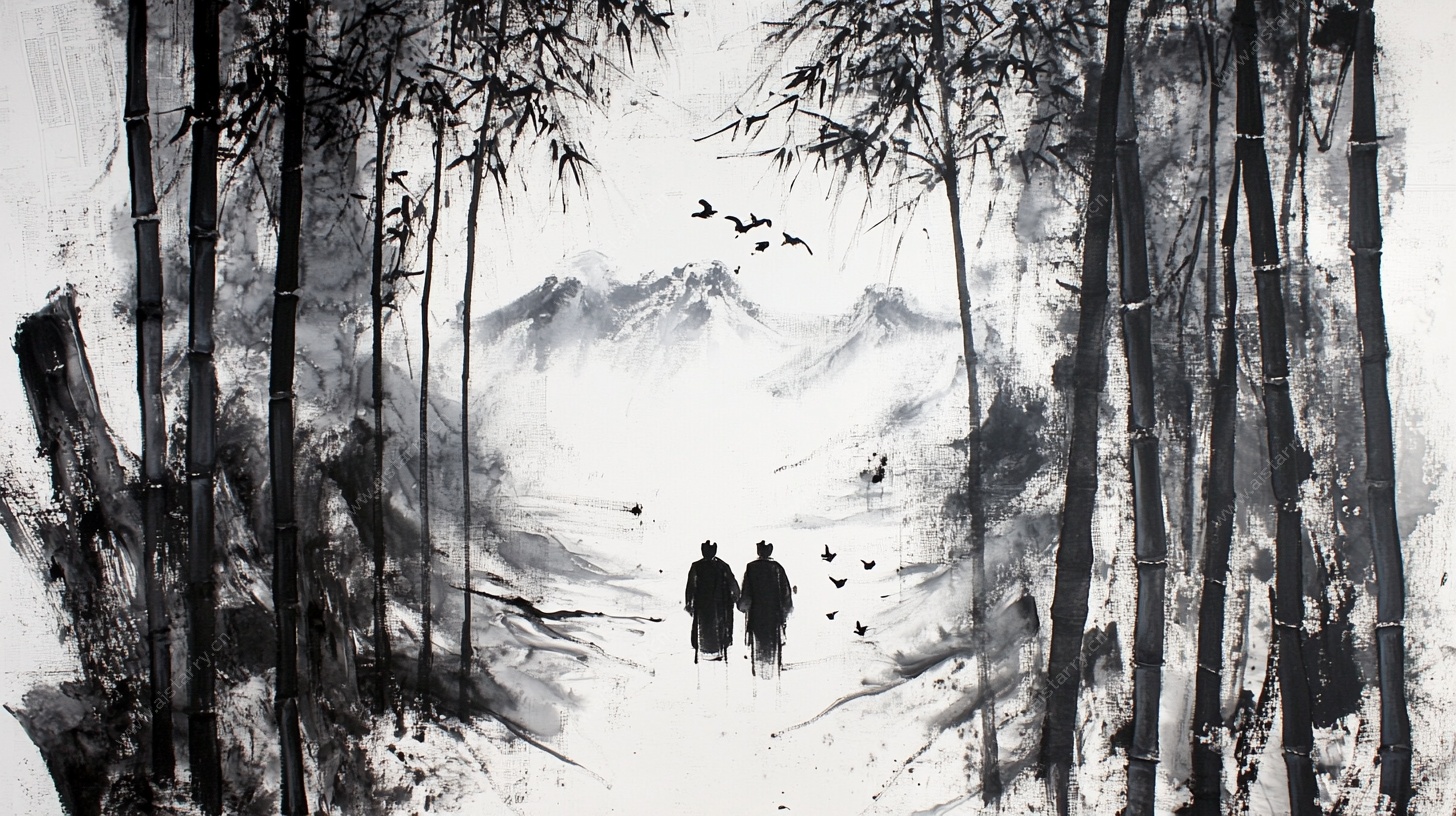 墨韵竹林双人漫步图