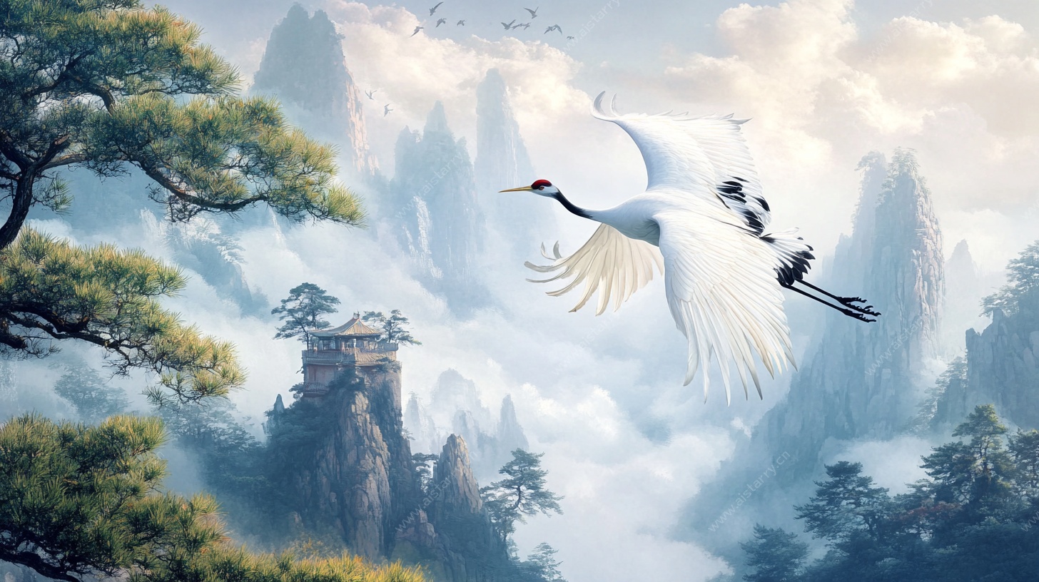 丹顶鹤翱翔于山水间