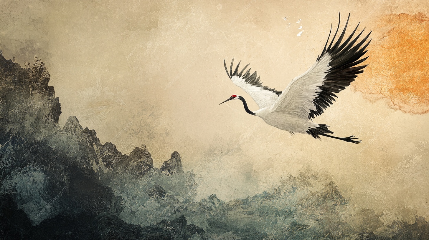 丹顶鹤翔于山水间图景