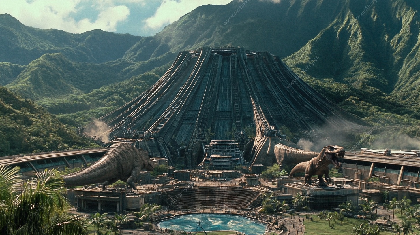 恐龙主题的科幻山谷景观