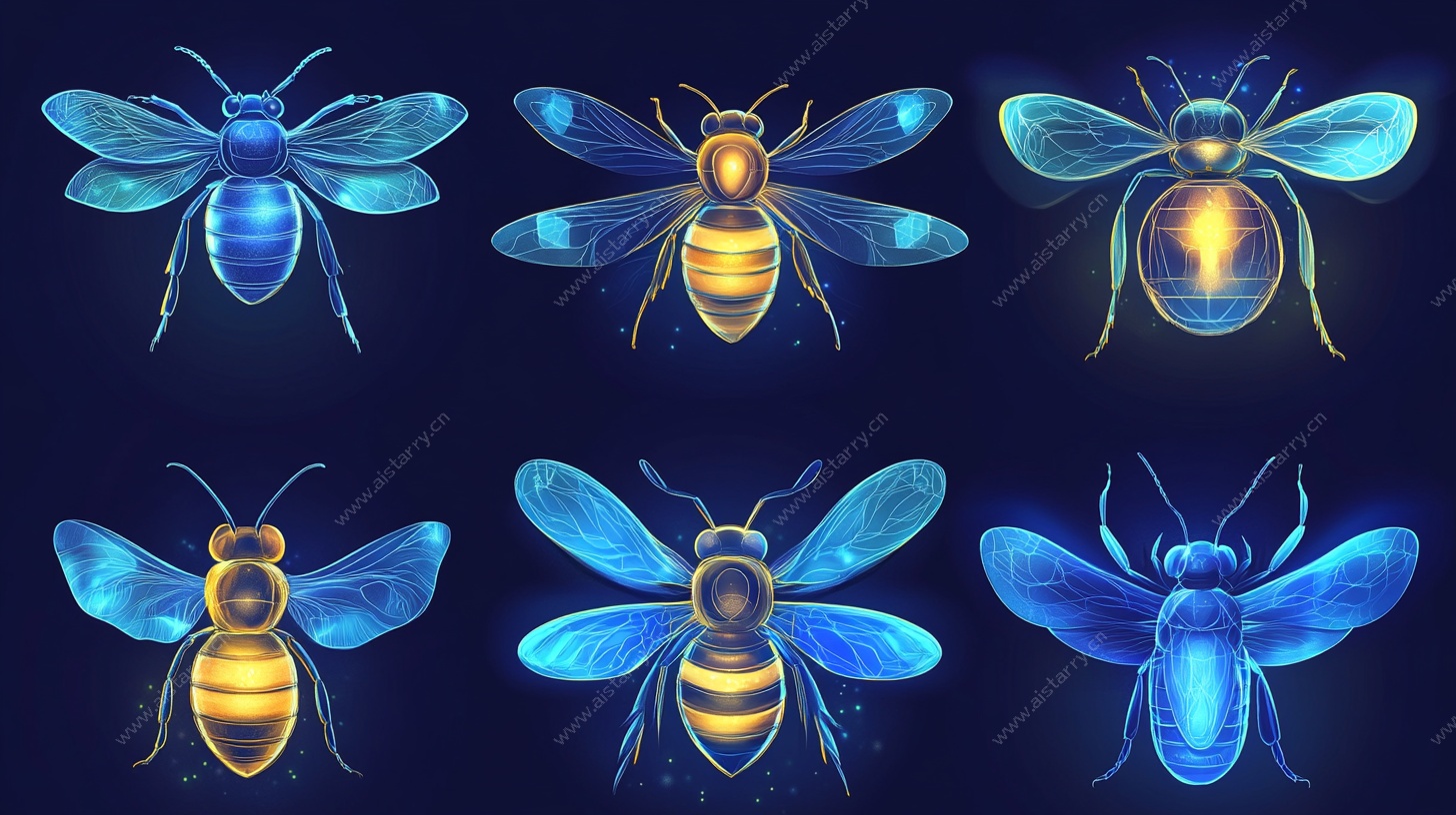 蓝色发光蜜蜂插画集合
