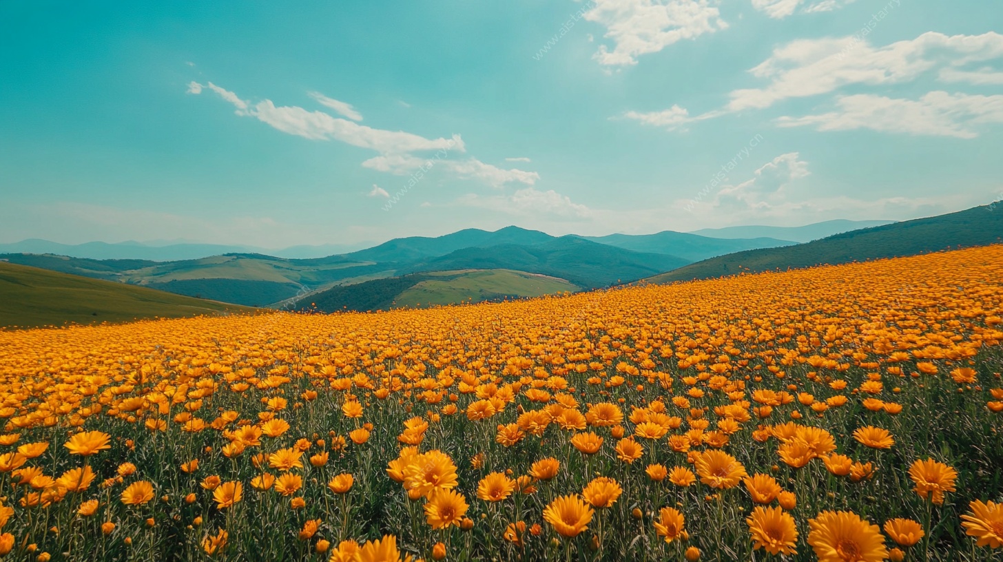 金色花海与远山蓝天