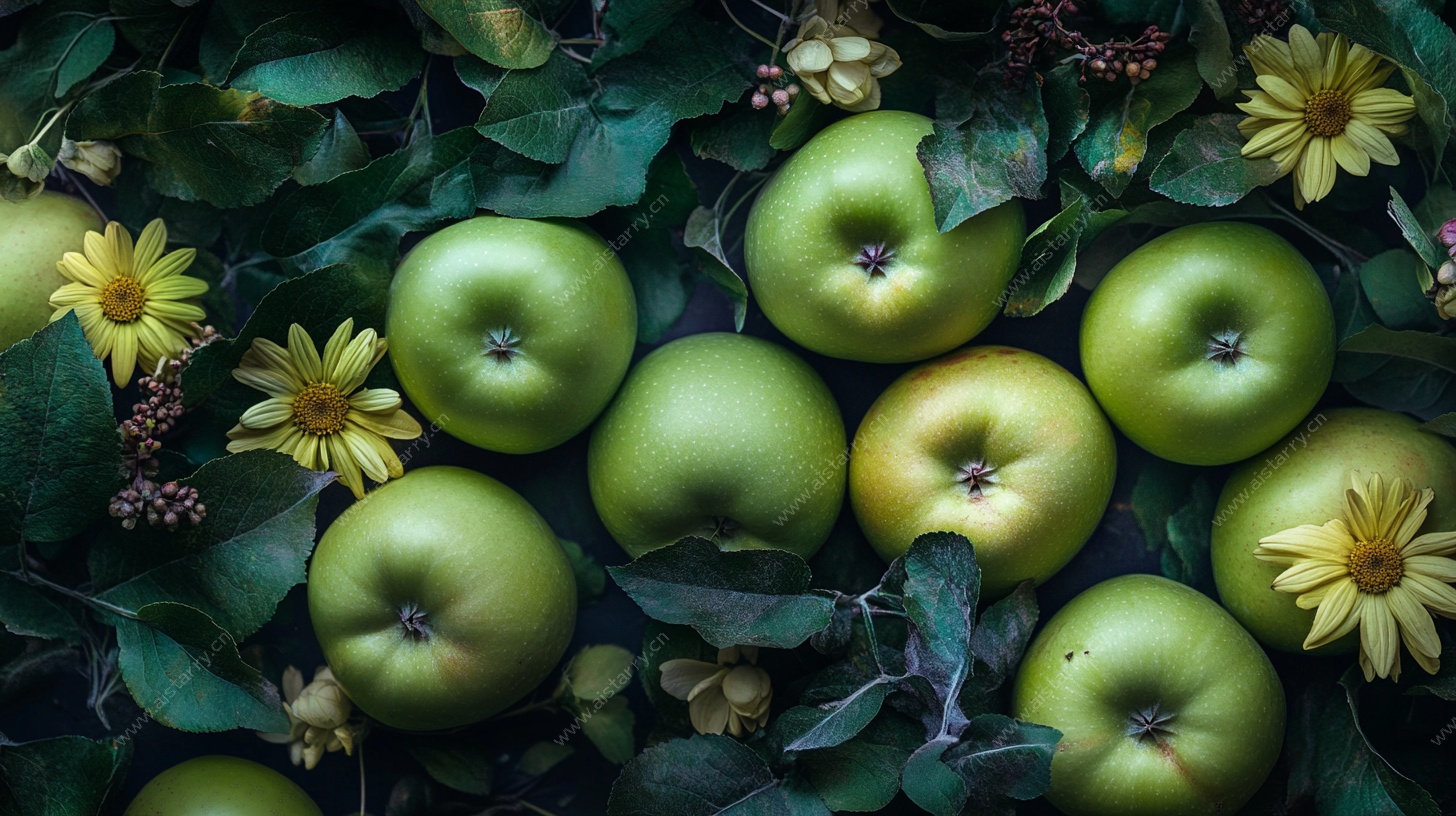青苹果与雏菊的自然组合