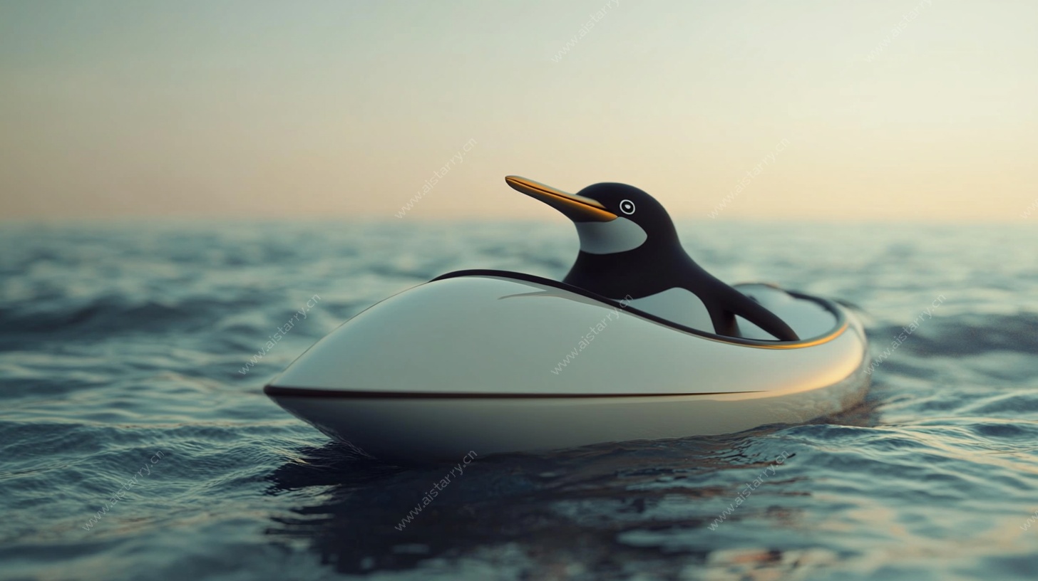 企鹅乘快艇畅游海面