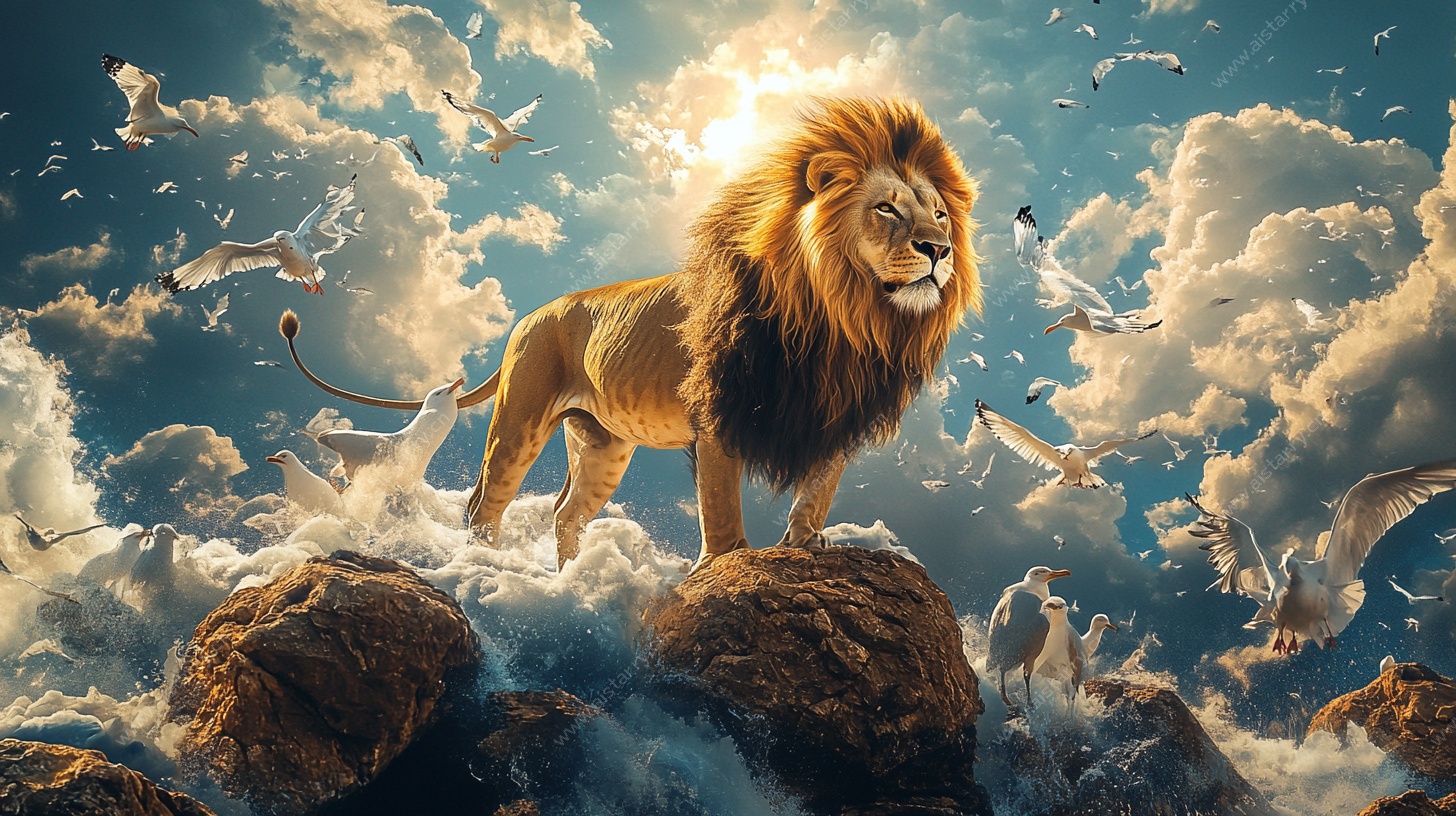 雄狮傲立云端岩石之上