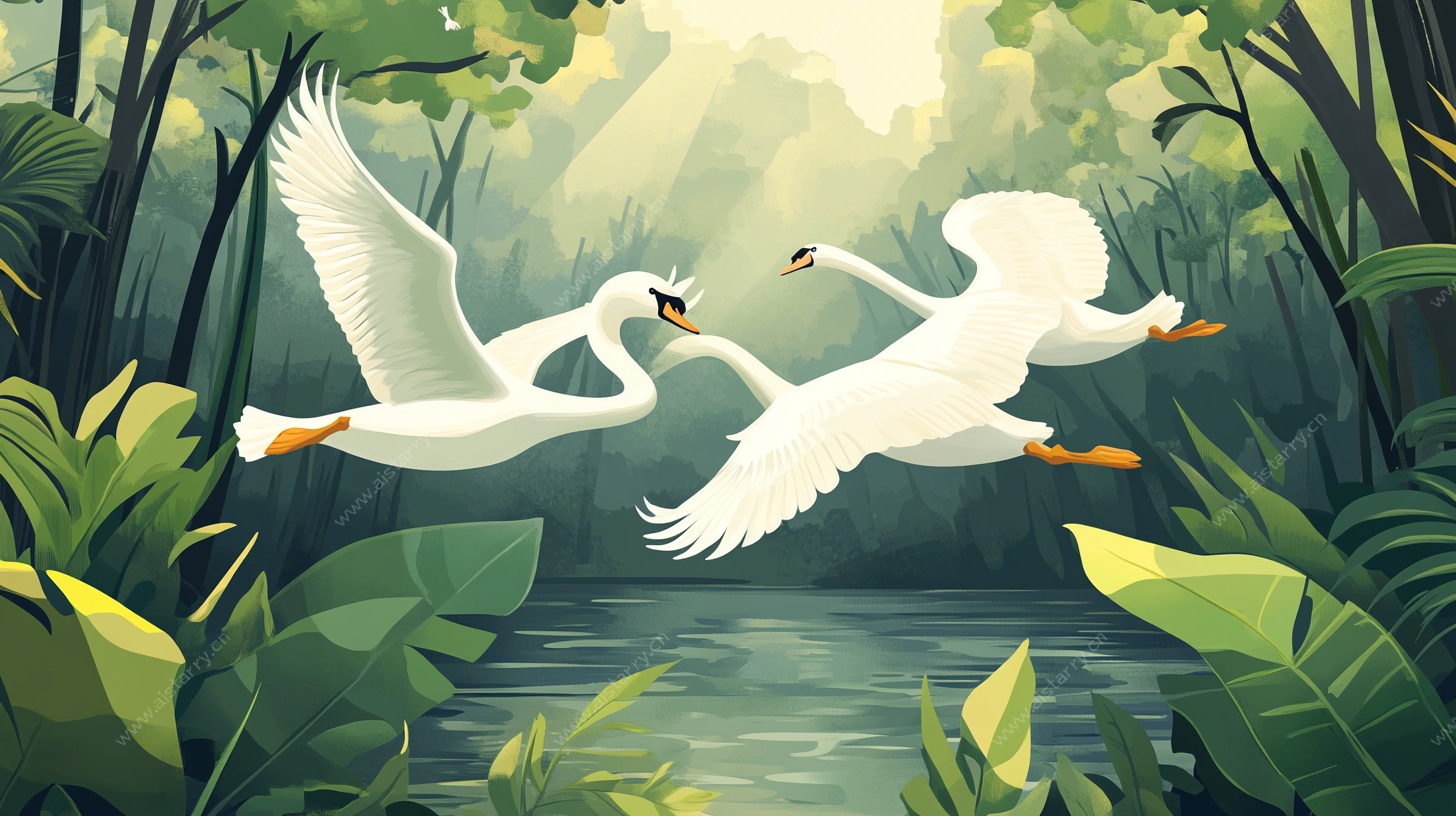 三只天鹅在丛林中飞翔