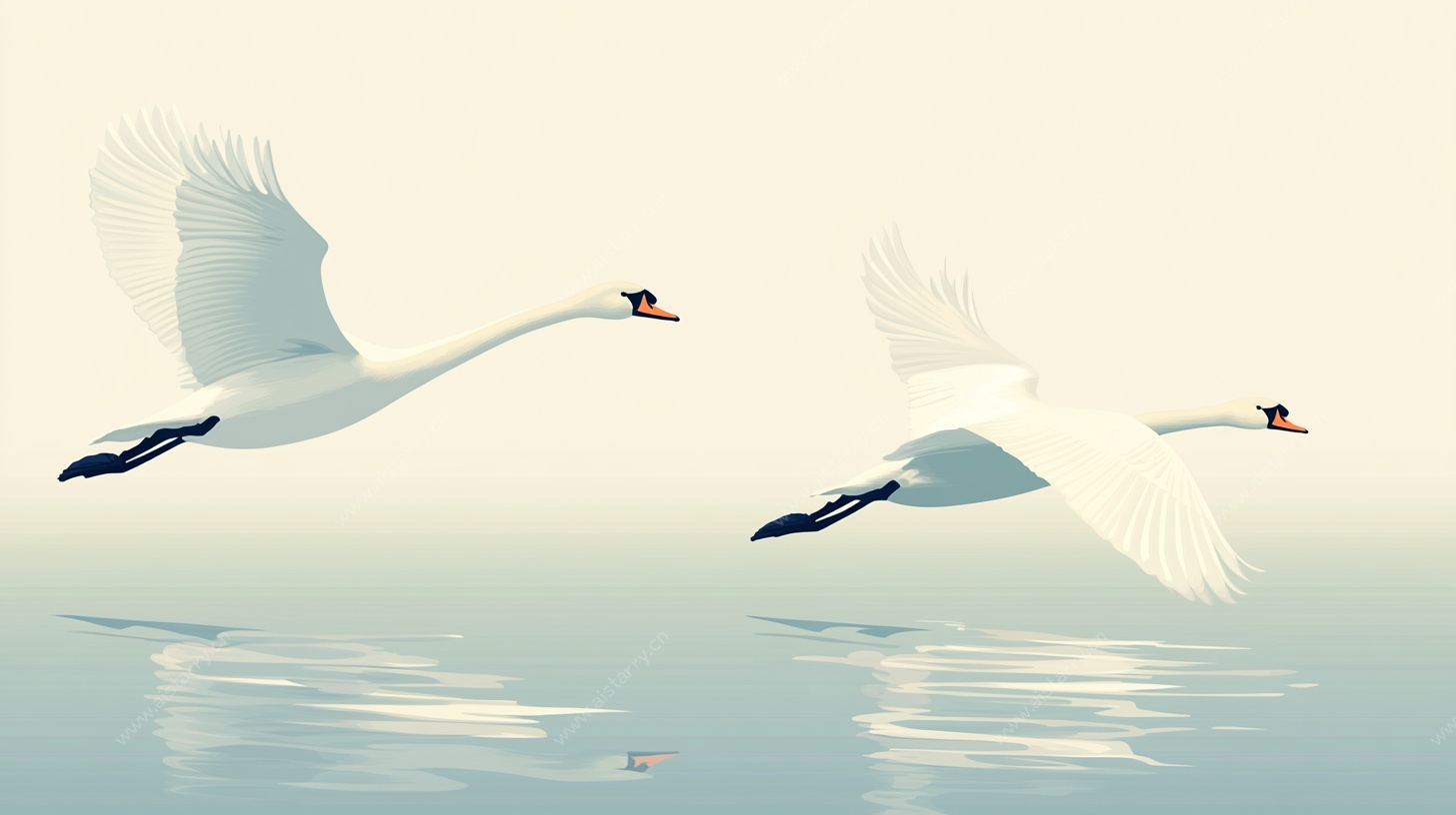 双天鹅水面翱翔图