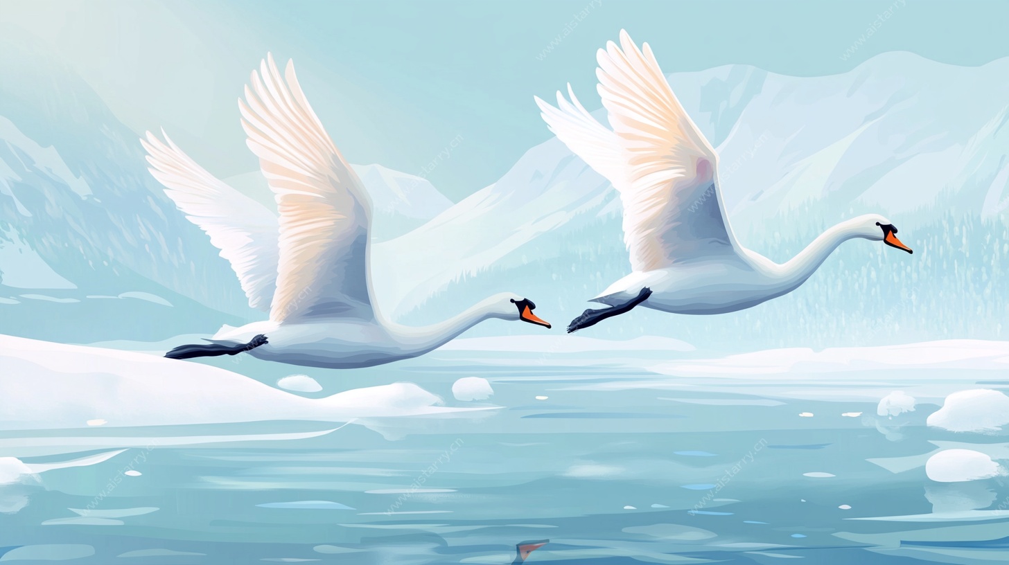 天鹅冰湖双飞图