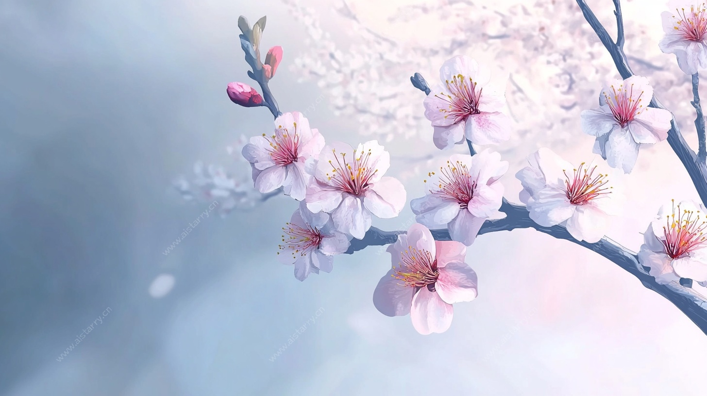 春日绽放的粉嫩桃花枝