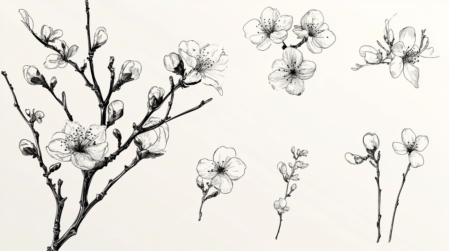 黑白手绘桃花枝图案集