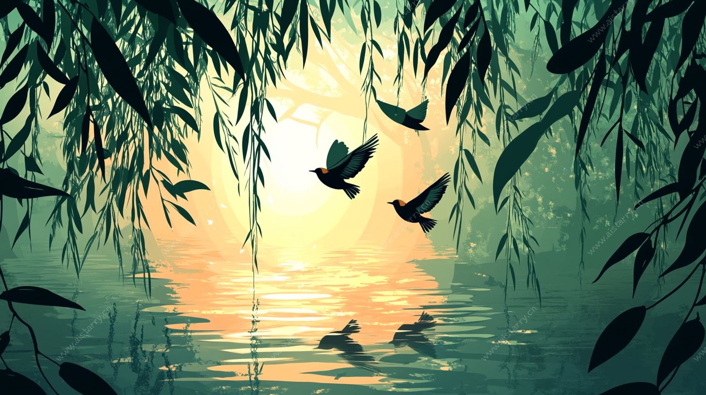 柳岸飞鸟映湖光