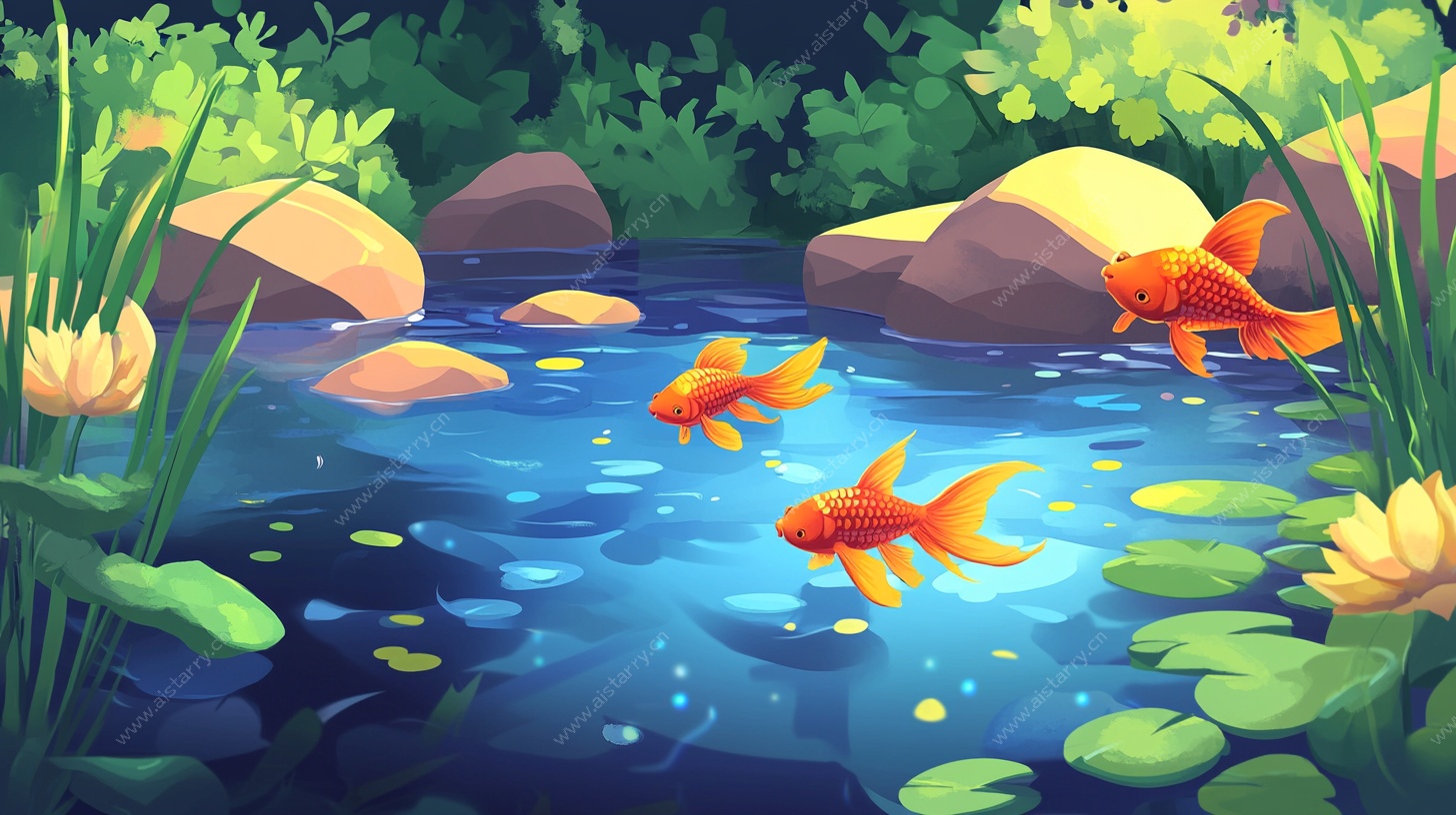 池塘中的金鱼嬉戏图