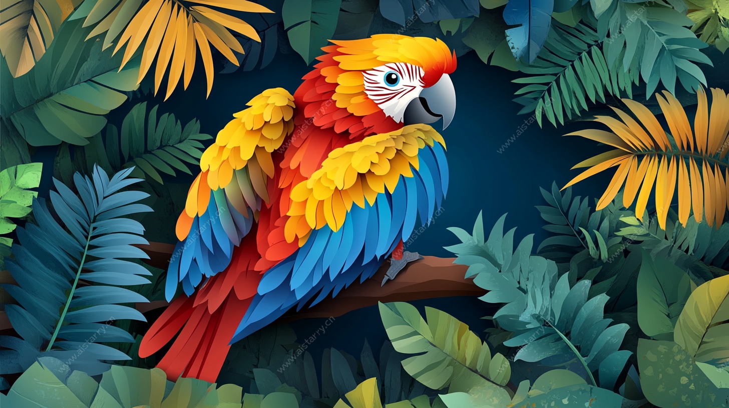 五彩鹦鹉栖于繁茂丛林间