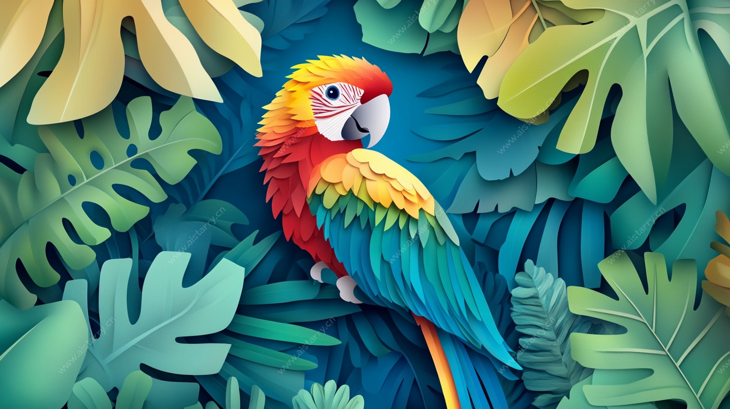 彩色鹦鹉栖于繁茂绿叶间