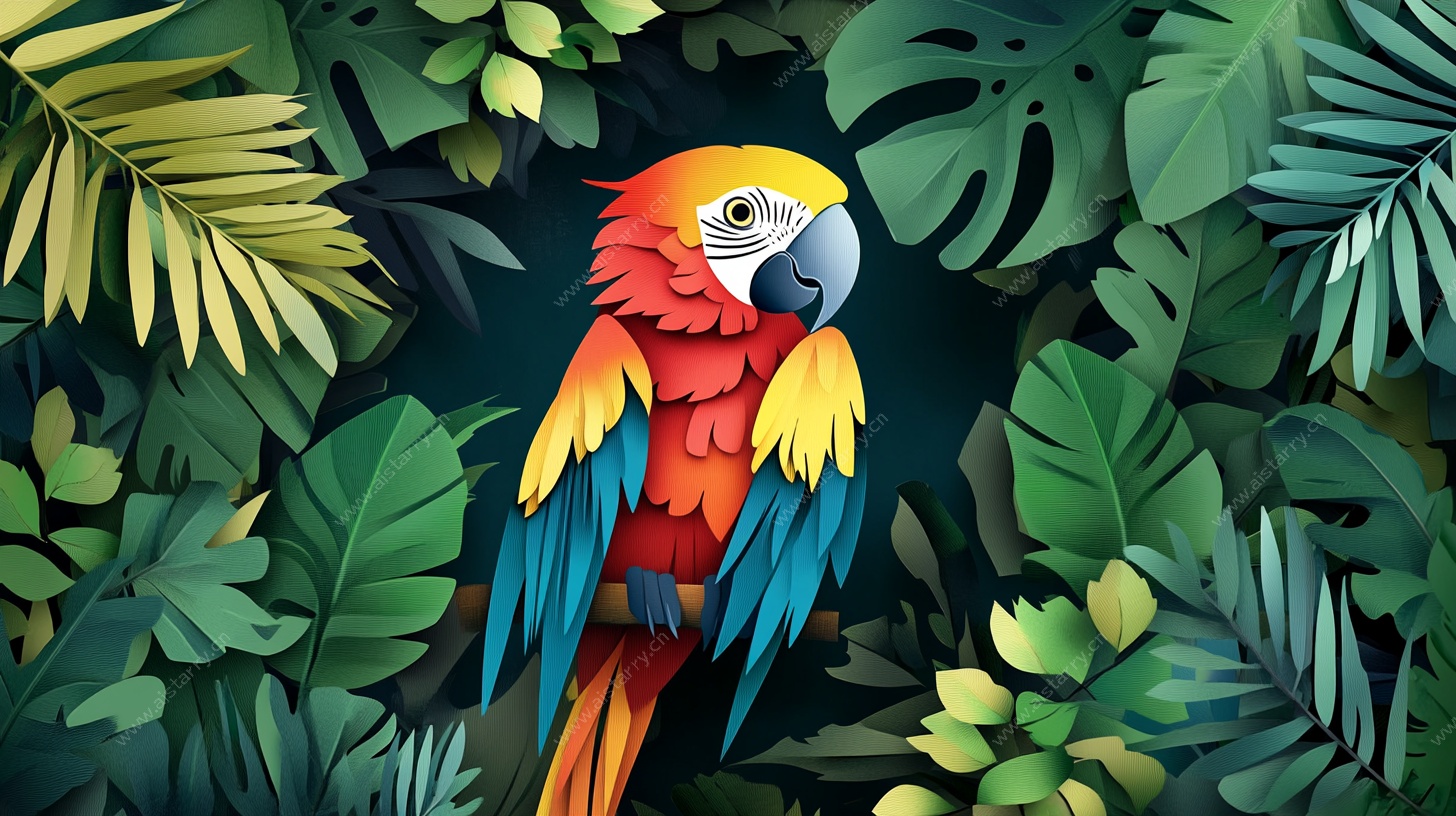 多彩鹦鹉栖于热带植物间