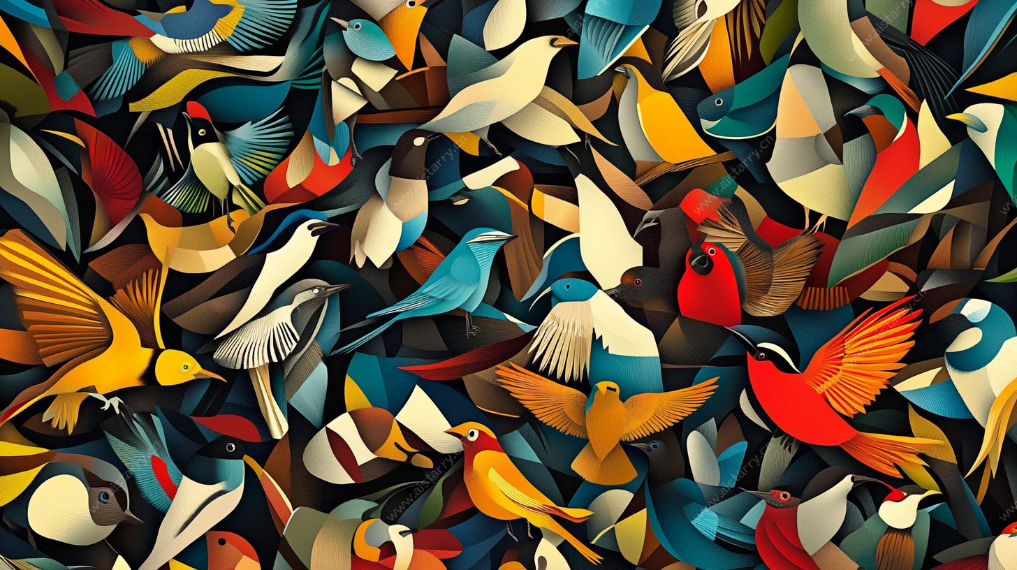 多彩飞鸟群像艺术插画