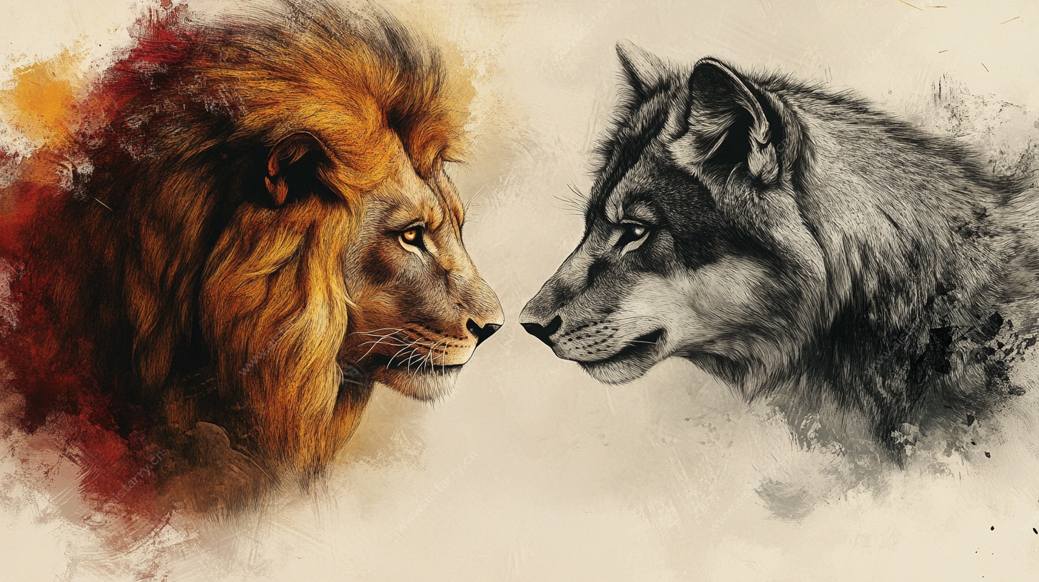 狮狼对视 野性的对峙