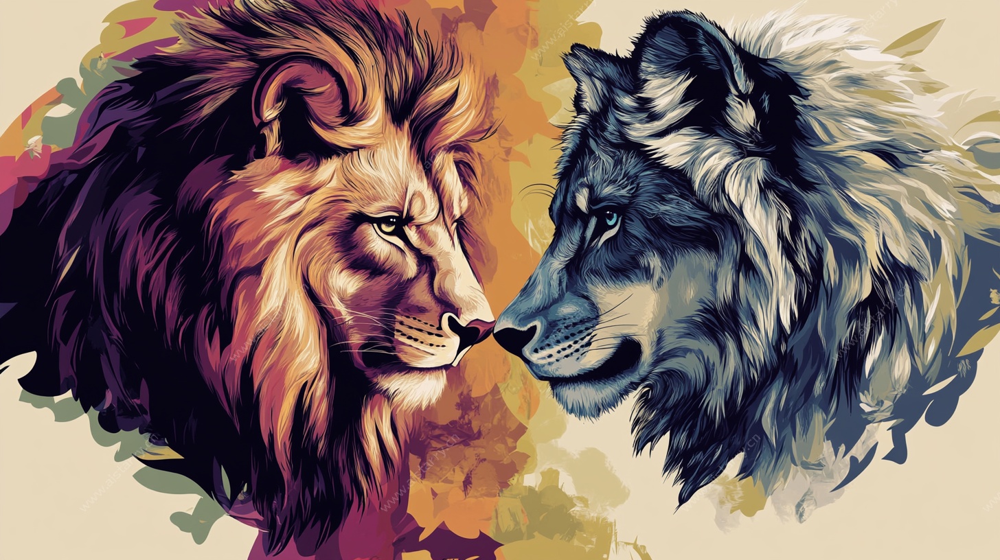 狮狼对视 野性的艺术碰撞