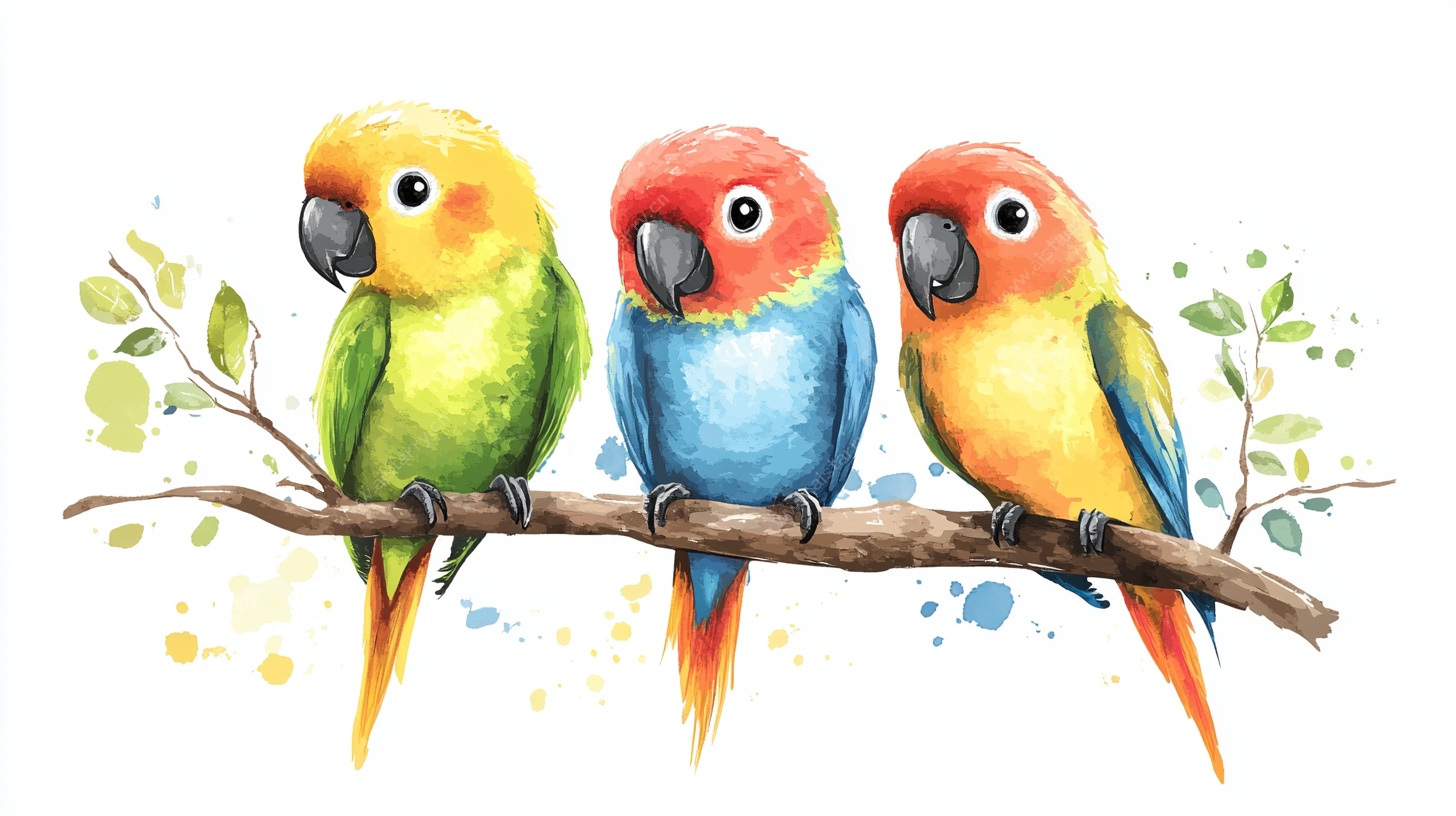 三只鹦鹉栖于枝头水彩画