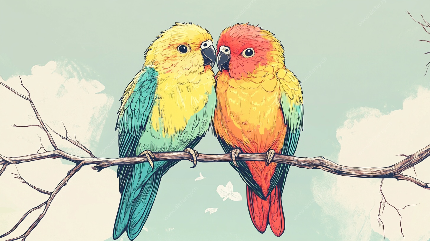 枝头亲昵鹦鹉图