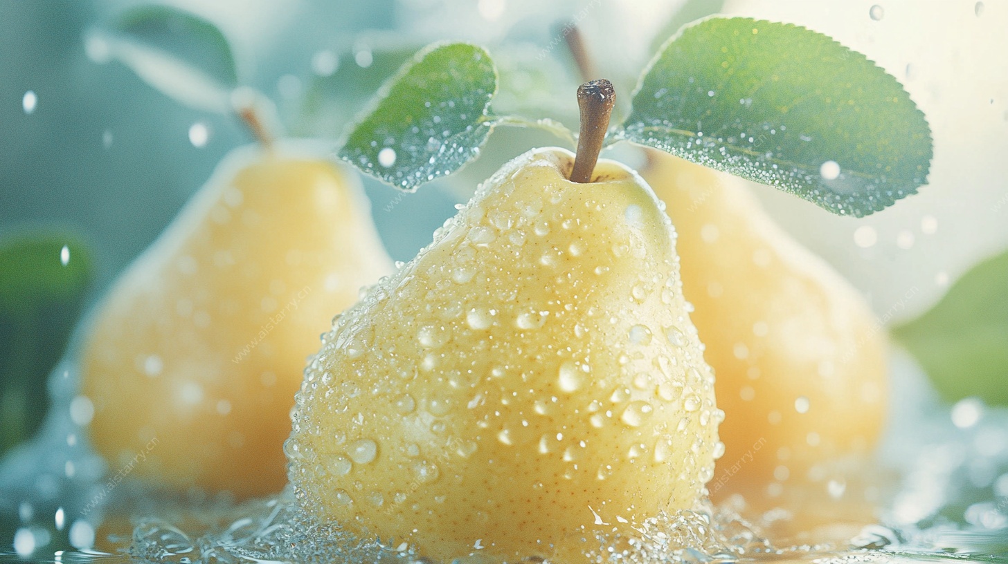 水润黄梨带叶清新画面