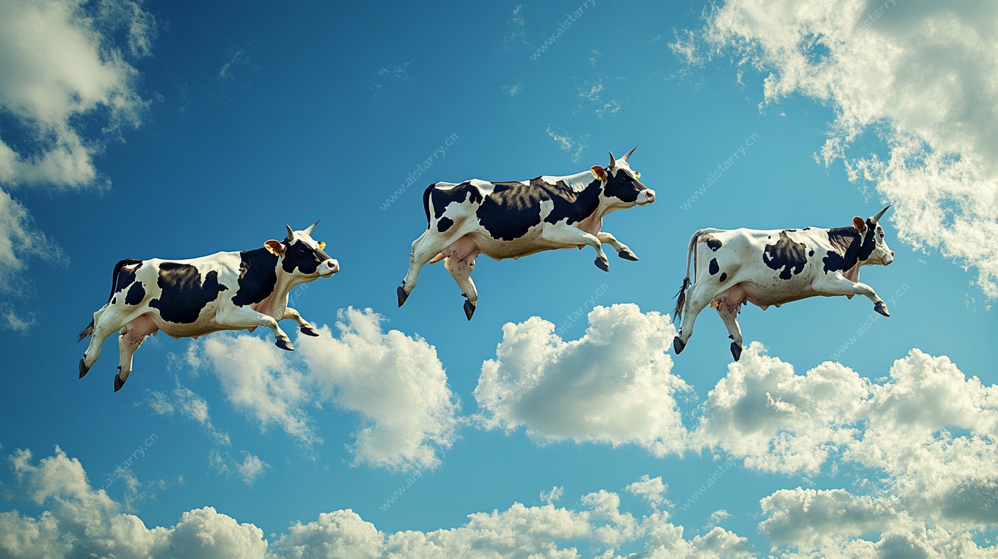 空中飞跃的三头奶牛