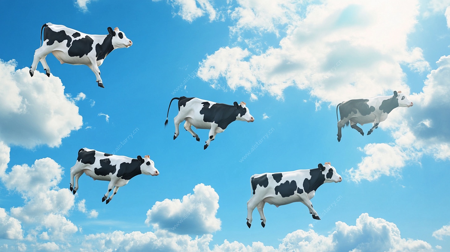 空中飞跃的奶牛奇幻景象