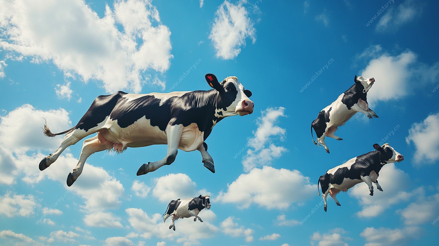空中飞跃的奶牛奇幻景象